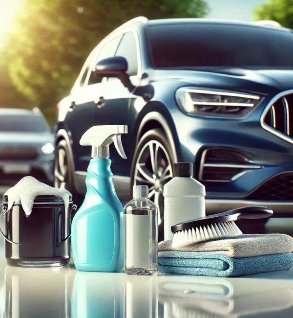 DALL·E 2025-03-17 14.39.58 - A well-maintained, gleaming car parked in a bright setting with car care products placed beside it. The car looks spotless with a high shine, and ther