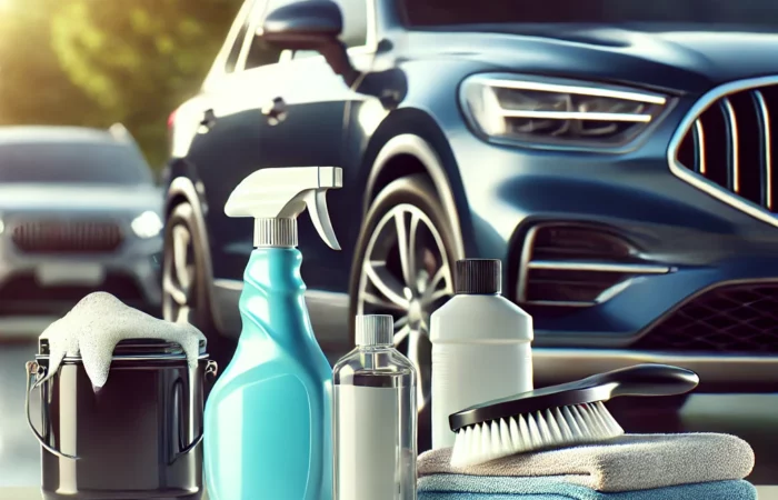 DALL·E 2025-03-17 14.39.58 - A well-maintained, gleaming car parked in a bright setting with car care products placed beside it. The car looks spotless with a high shine, and ther